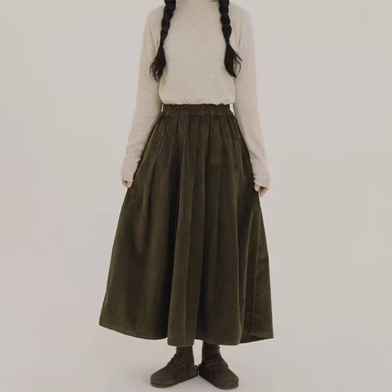 Plain Corduroy Midi A-Line Skirt with Elastic Waist