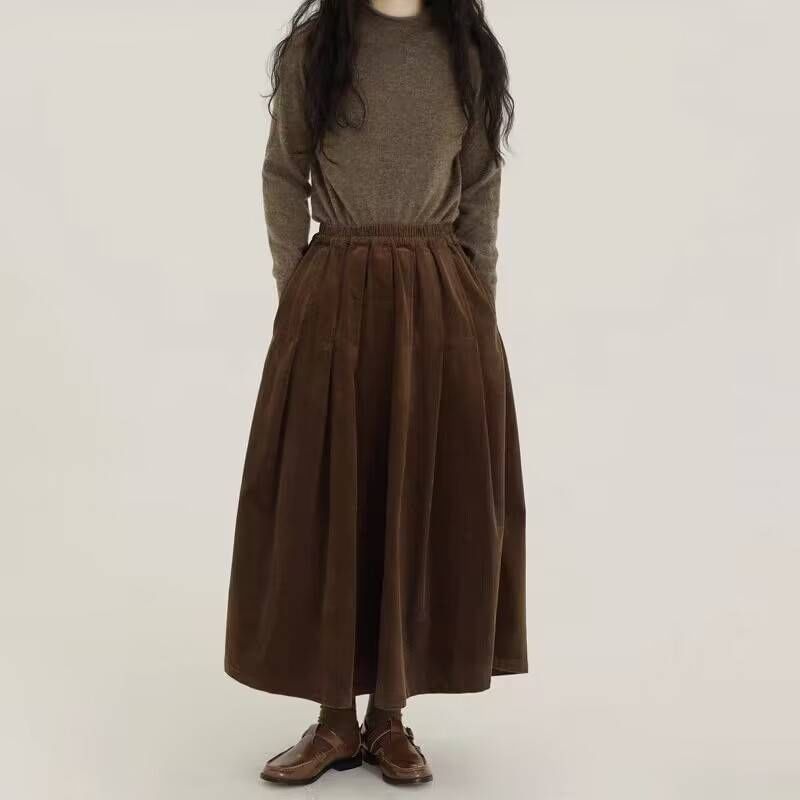 Plain Corduroy Midi A-Line Skirt with Elastic Waist