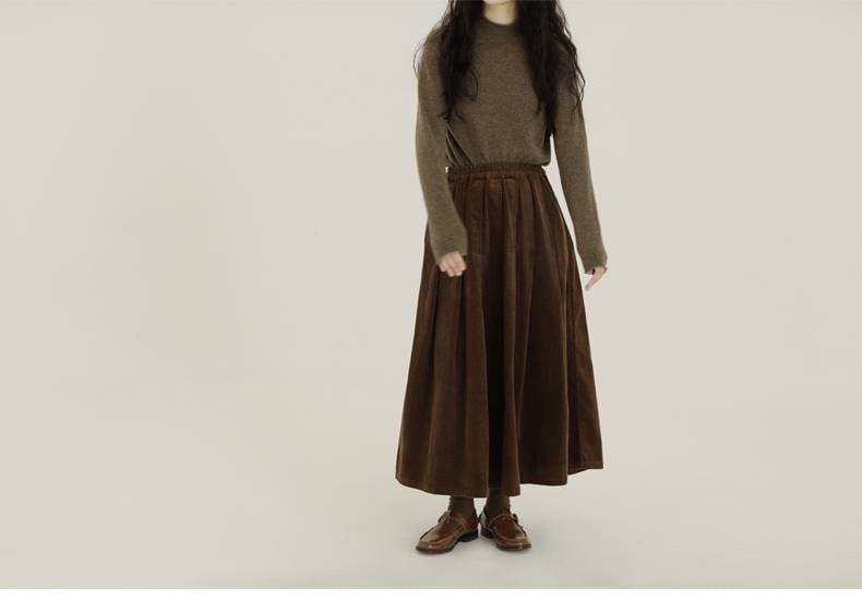 Plain Corduroy Midi A-Line Skirt with Elastic Waist