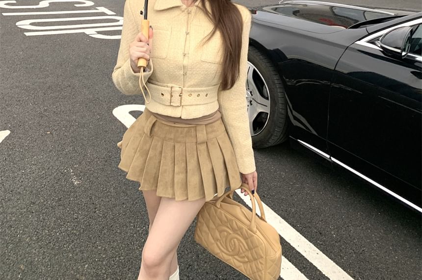 Collared Belted Hook And Eye Tweed Crop Jacket / High Waist Plain Pleated Mini A-Line Skirt