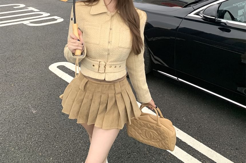 Collared Belted Hook And Eye Tweed Crop Jacket / High Waist Plain Pleated Mini A-Line Skirt