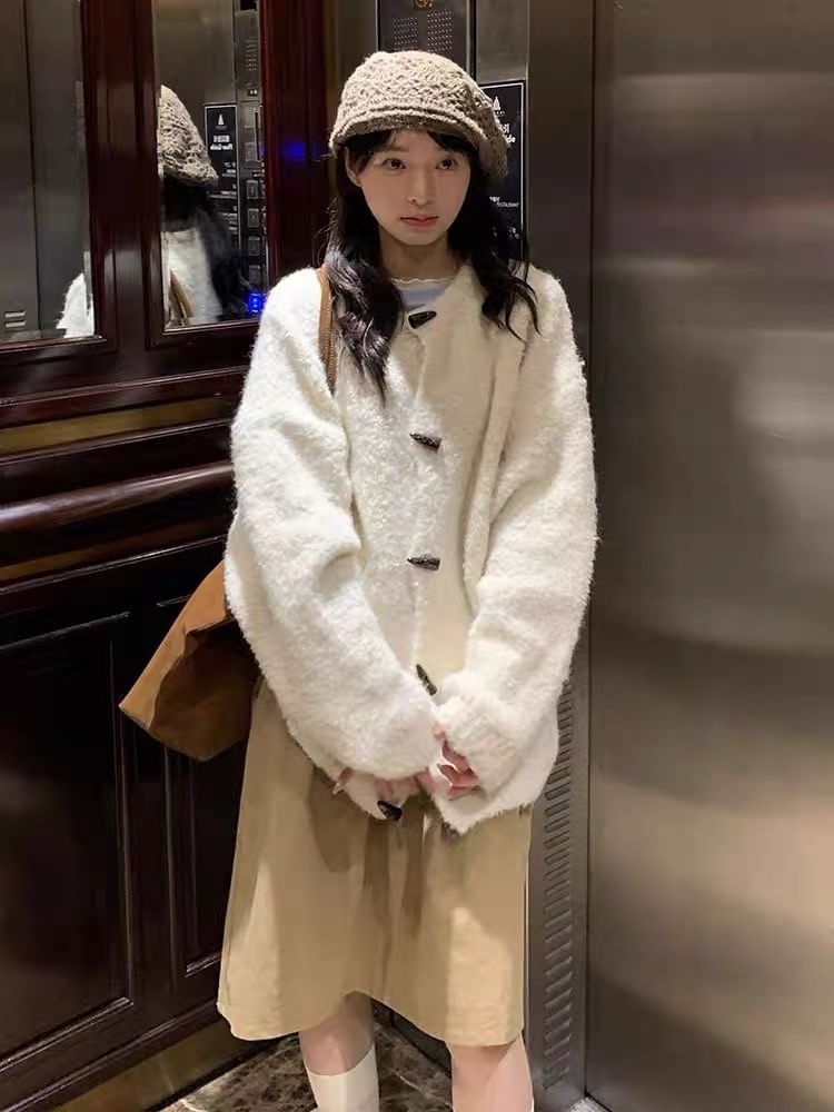 Round Neck Plain Toggle Cardigan