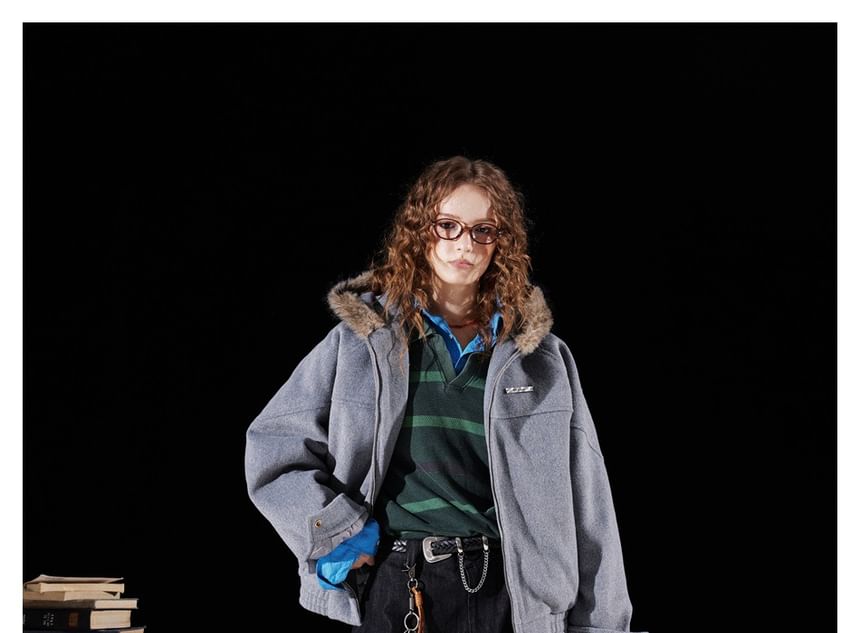 Faux Fur-Trim Hooded Wool Jacket