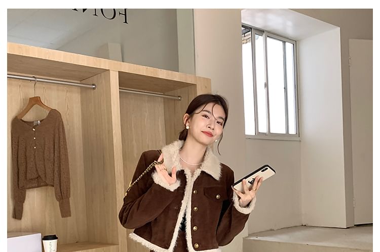 Collar Fleece-Lined Corduroy Cropped Jacket and Pleated Midi A-Line Skirt Set