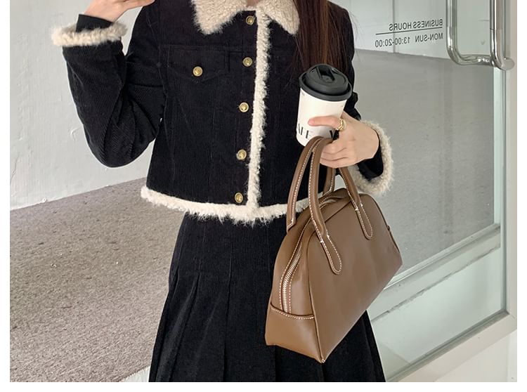 Collar Fleece-Lined Corduroy Cropped Jacket and Pleated Midi A-Line Skirt Set
