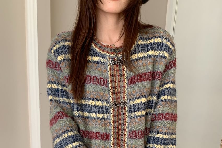 Round Neck Striped Hook and Eye Cardigan