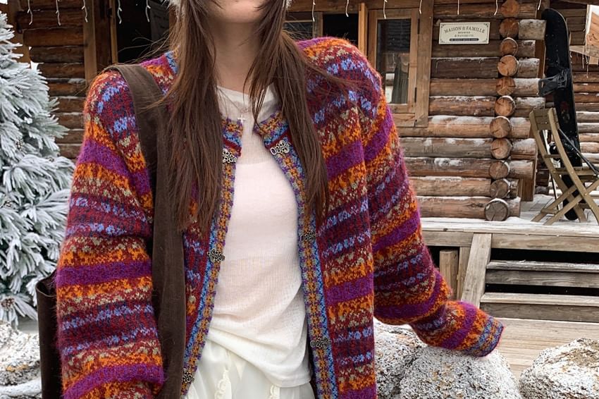 Round Neck Striped Hook and Eye Cardigan