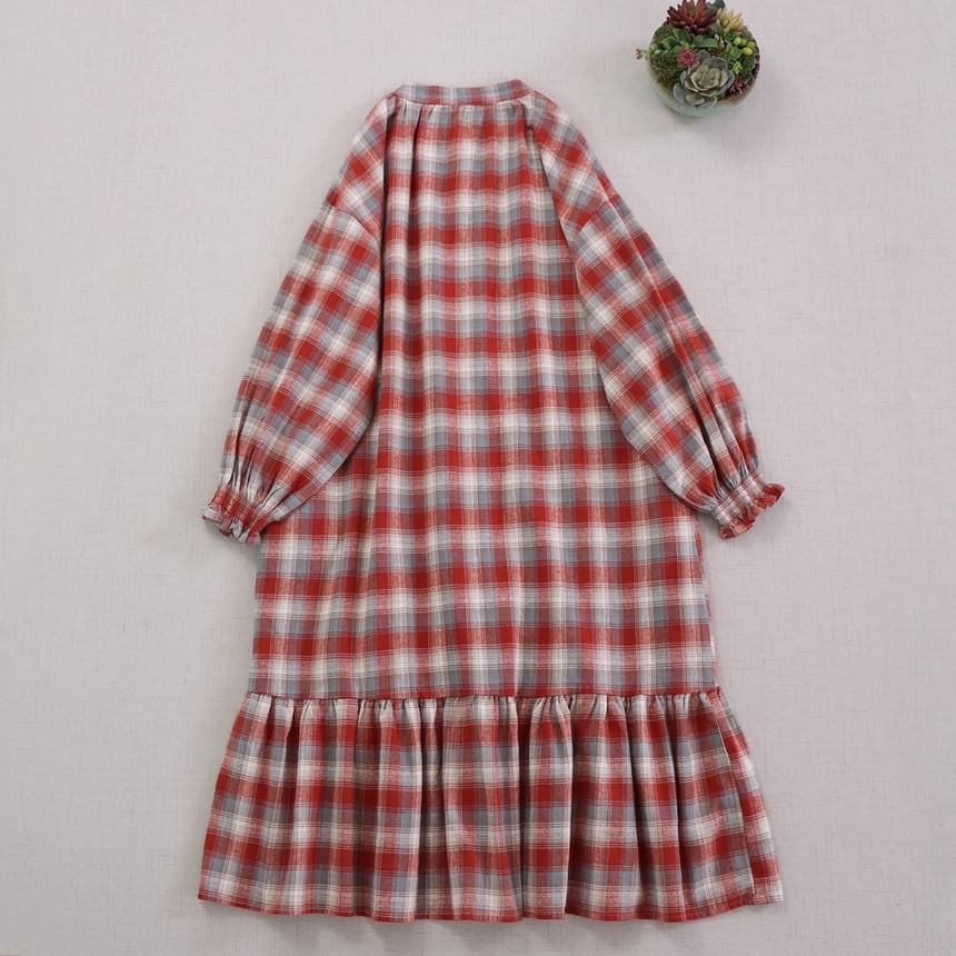 Long-Sleeve Crew Neck Plaid Button-Up Maxi Tunic Dress