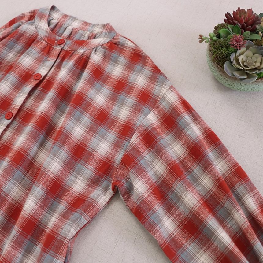 Long-Sleeve Crew Neck Plaid Button-Up Maxi Tunic Dress