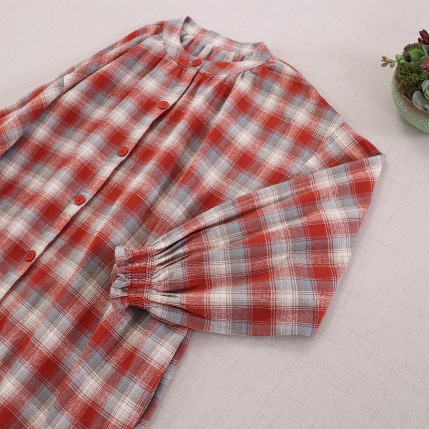 Long-Sleeve Crew Neck Plaid Button-Up Maxi Tunic Dress