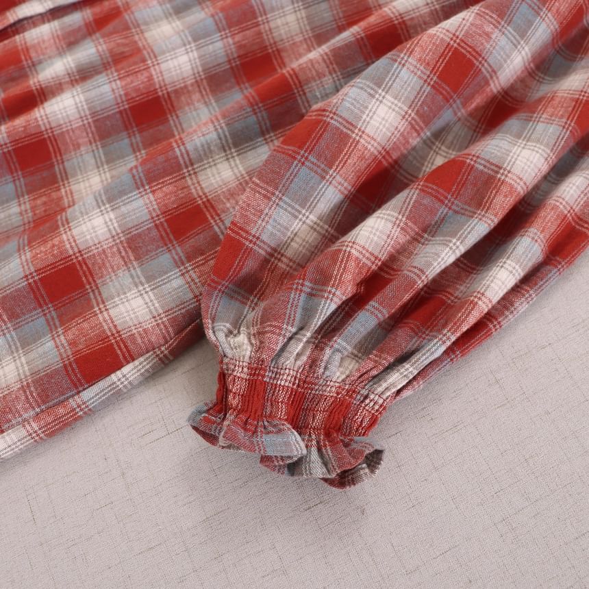 Long-Sleeve Crew Neck Plaid Button-Up Maxi Tunic Dress