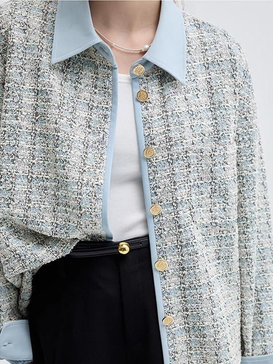 Collar Tweed Contrast Trim Button Jacket
