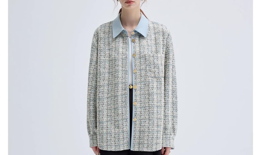 Collar Tweed Contrast Trim Button Jacket
