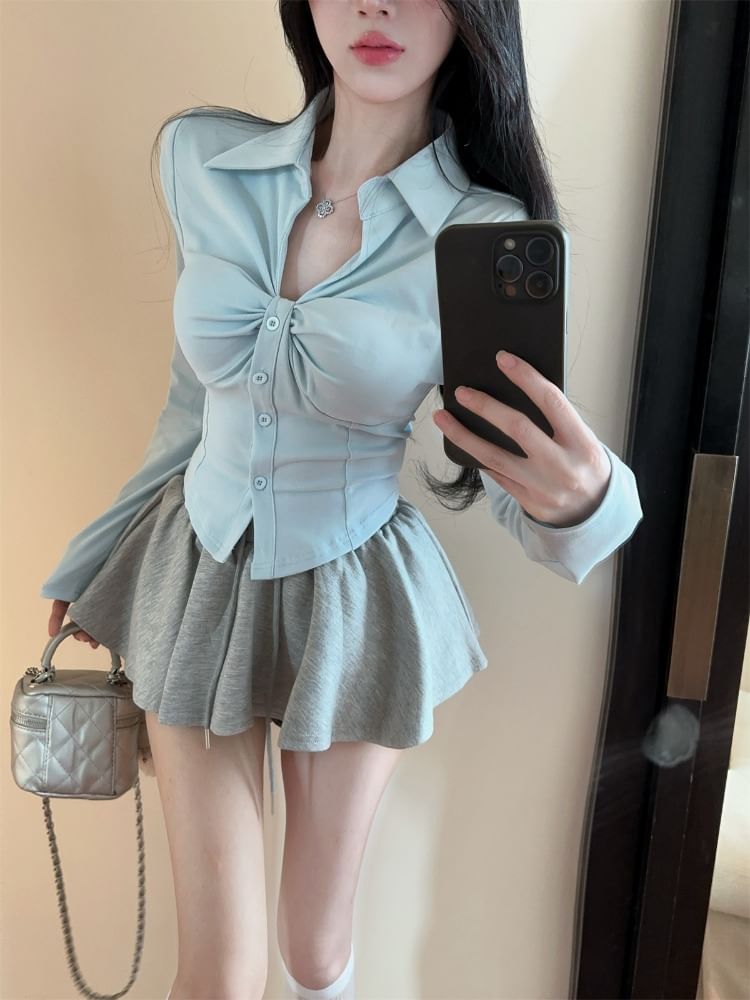 Long-Sleeve Collared Ruched Button Jacket and Mini A-Line Skirt