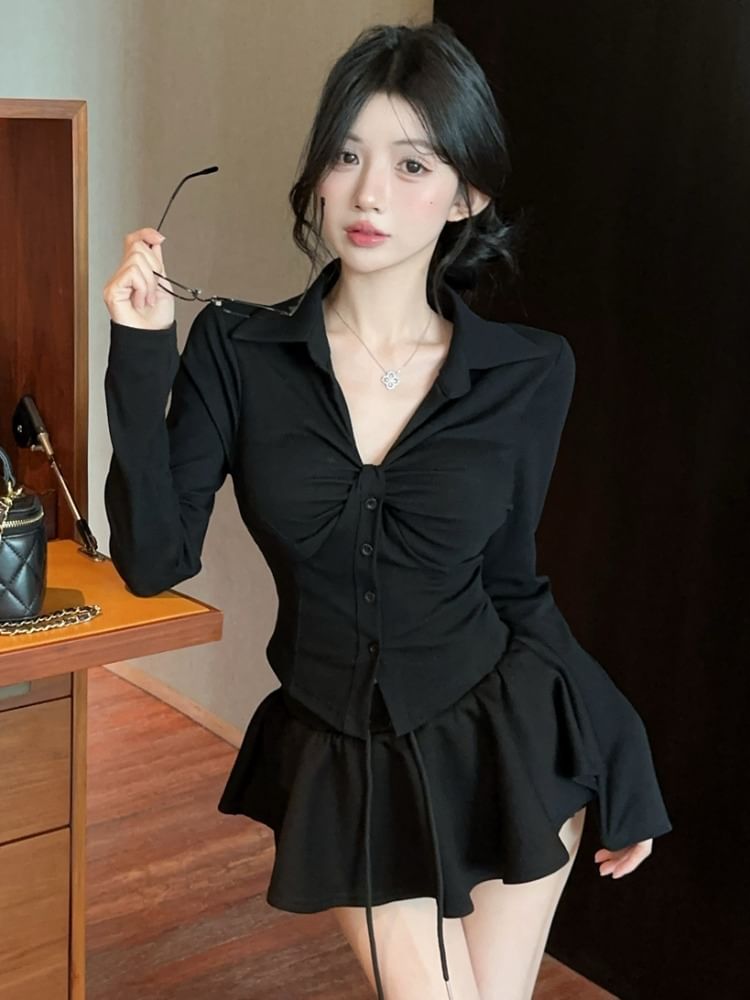 Long-Sleeve Collared Ruched Button Jacket and Mini A-Line Skirt