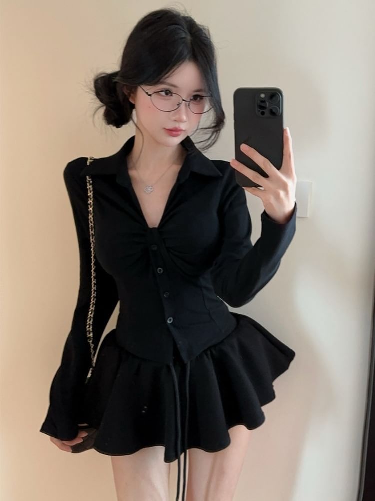 Long-Sleeve Collared Ruched Button Jacket and Mini A-Line Skirt