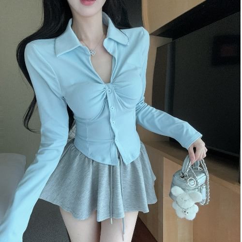 Long-Sleeve Collared Ruched Button Jacket and Mini A-Line Skirt