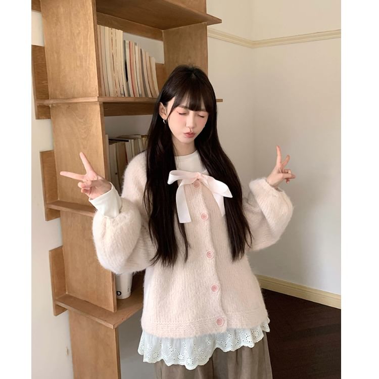 Crewneck Frill Trim Button-Up Plain Cardigan