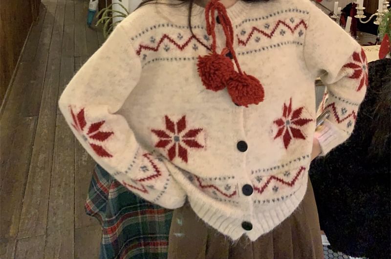 Crewneck Jacquard Button-Up Cardigan