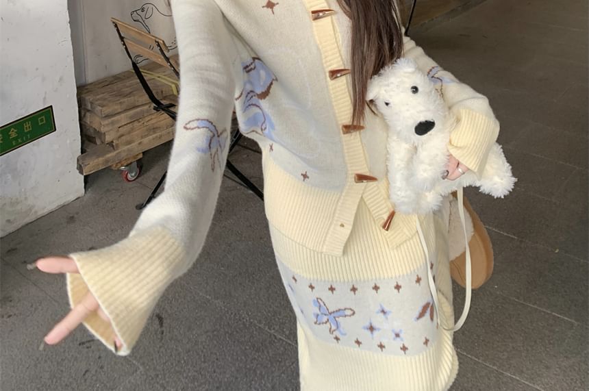 Collared Frog Buttoned Cardigan / Knit Maxi Skirt