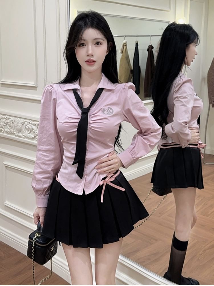 Long-Sleeve Collared Button Shirt and Mini Pleated Skirt with Neck Tie Set