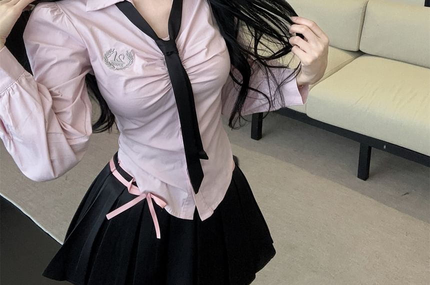Long-Sleeve Collared Button Shirt and Mini Pleated Skirt with Neck Tie Set
