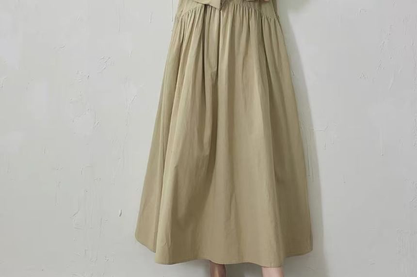 Long Sleeve Band Collar Plain Gathered Button Maxi A-Line Dress