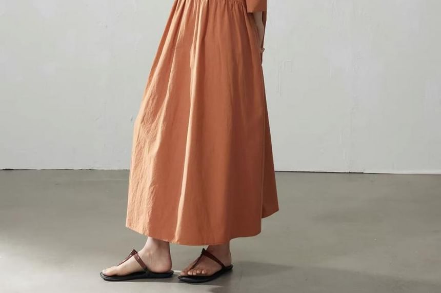 Long Sleeve Band Collar Plain Gathered Button Maxi A-Line Dress