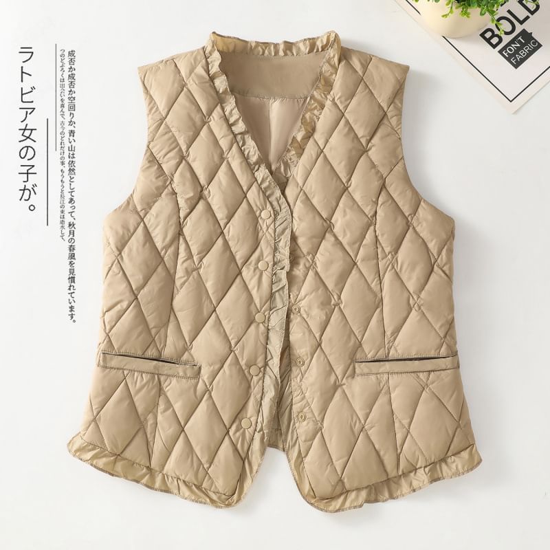Plain V-Neck Ruffle Quilted Button Vest