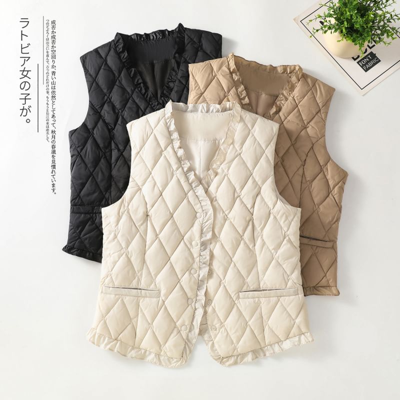 Plain V-Neck Ruffle Quilted Button Vest