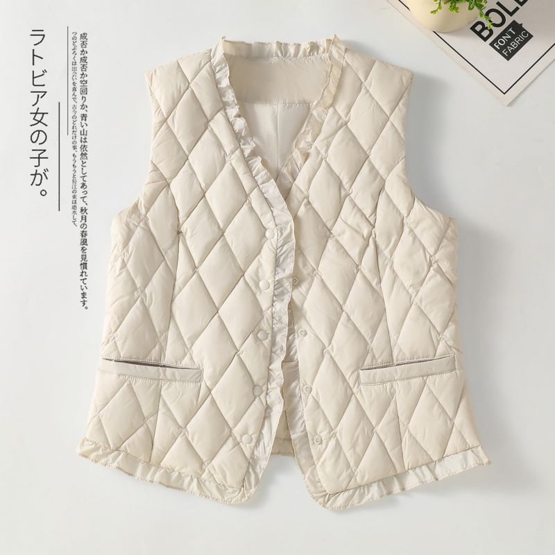 Plain V-Neck Ruffle Quilted Button Vest