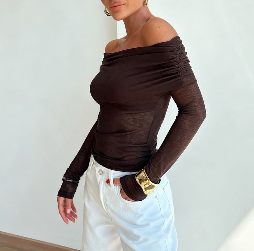 Off-Shoulder Plain Slim-Fit Top with Long Sleeves