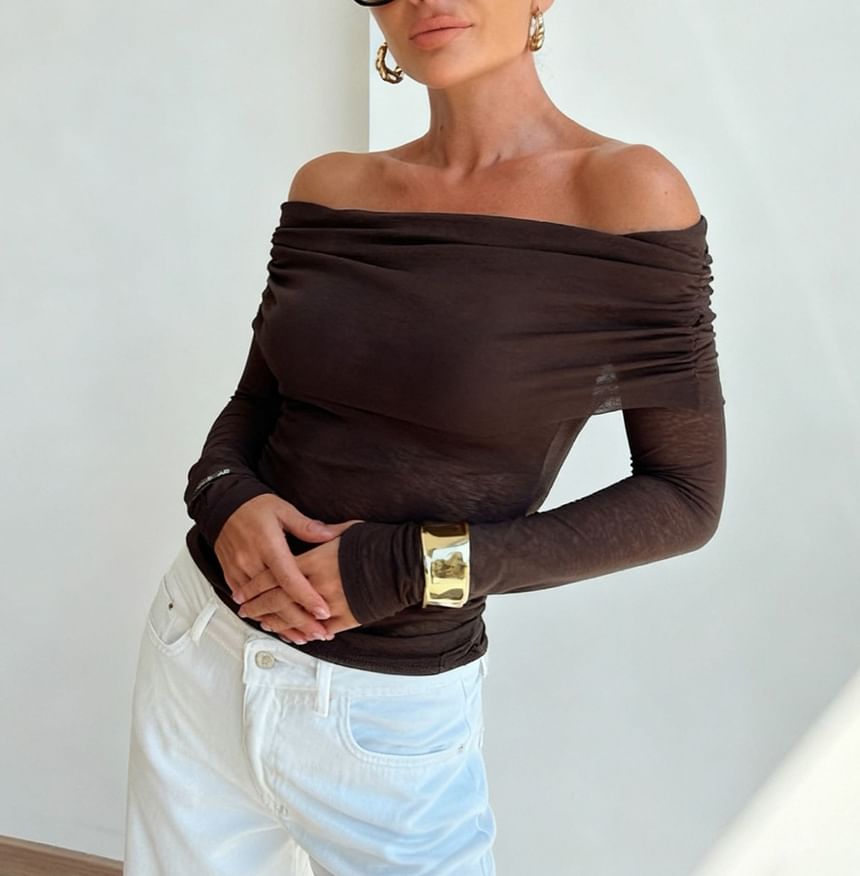 Off-Shoulder Plain Slim-Fit Top with Long Sleeves