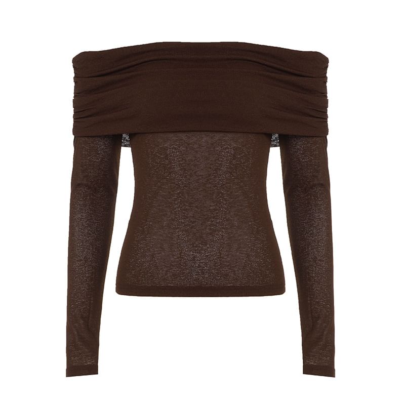 Off-Shoulder Plain Slim-Fit Top with Long Sleeves
