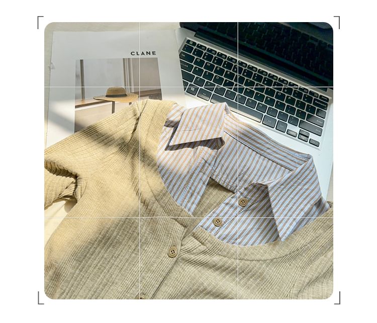 Mock Two-Piece Collared Striped Panel Button-Up Cardigan