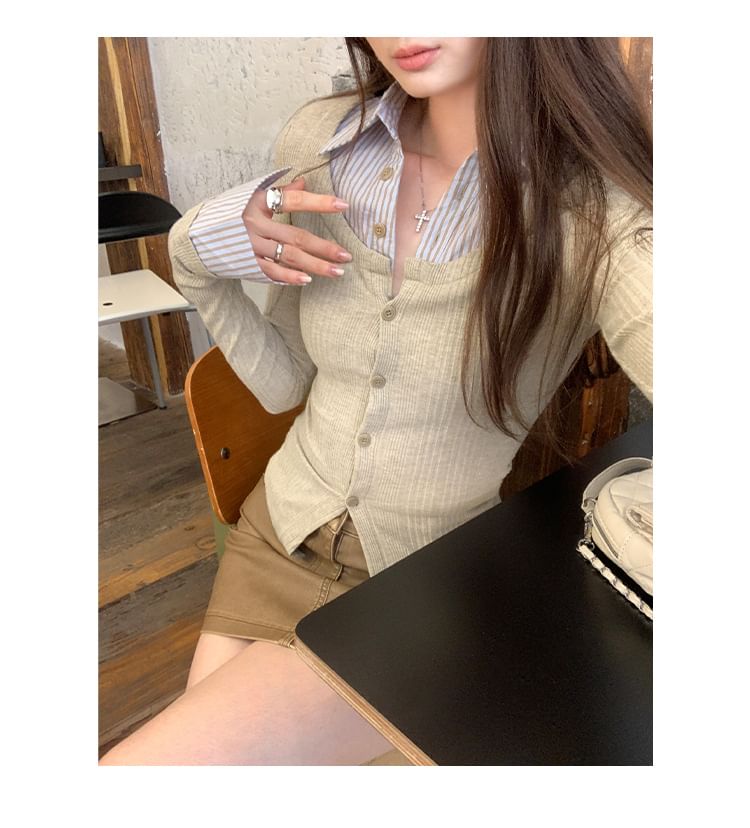 Mock Two-Piece Collared Striped Panel Button-Up Cardigan