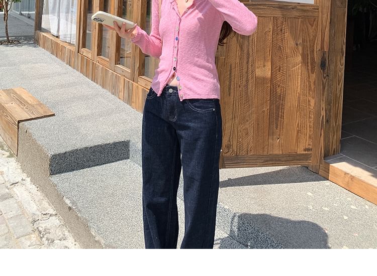 Crew Neck Button-Up Plain Sheer Crop Cardigan