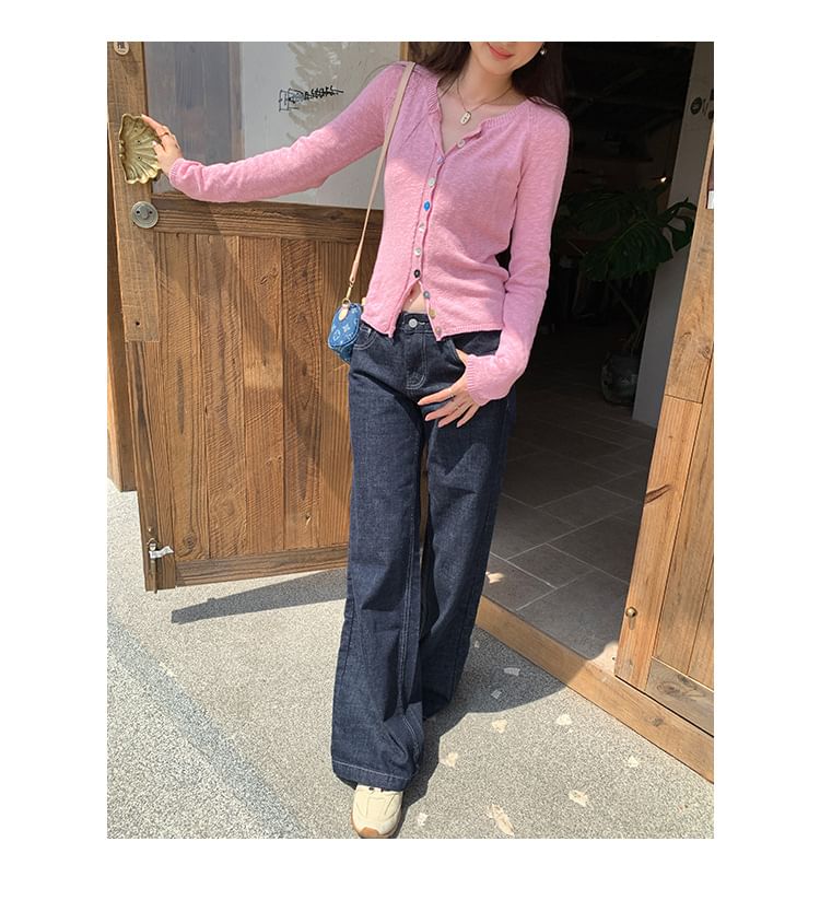 Crew Neck Button-Up Plain Sheer Crop Cardigan