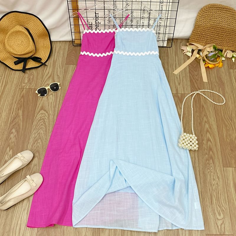 Spaghetti Strap Two Tone Panel Maxi A-Line Dress