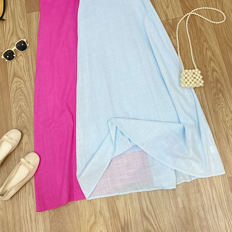 Spaghetti Strap Two Tone Panel Maxi A-Line Dress
