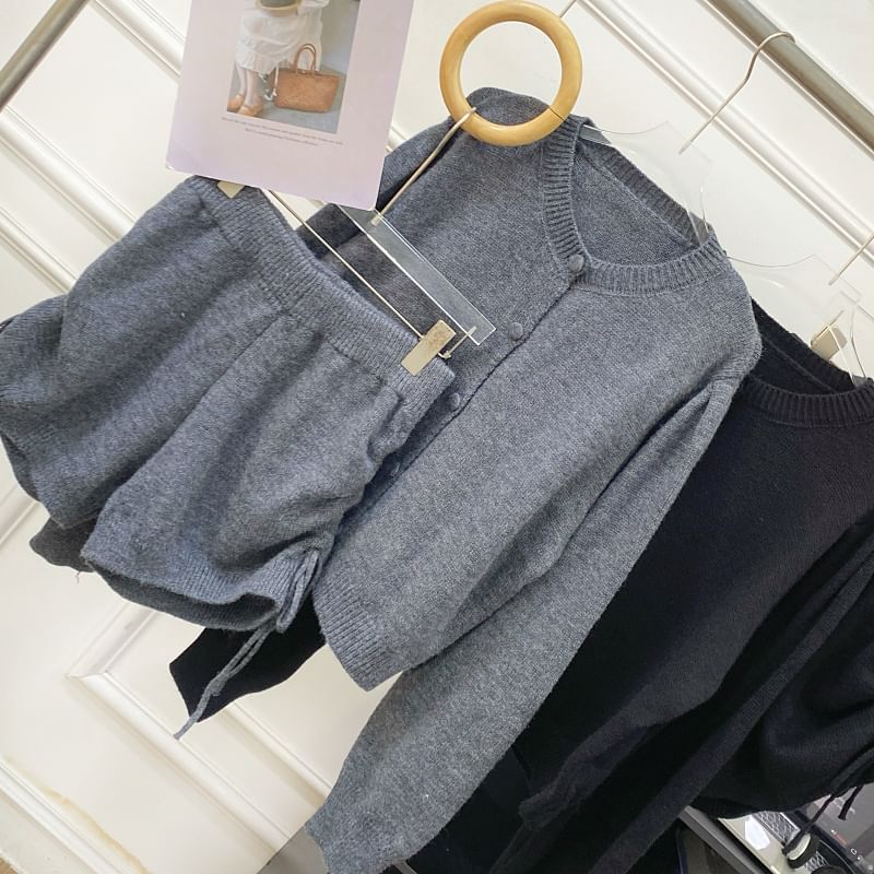 Set: Round Neck Plain Cardigan + High Waist Drawstring Knit Shorts