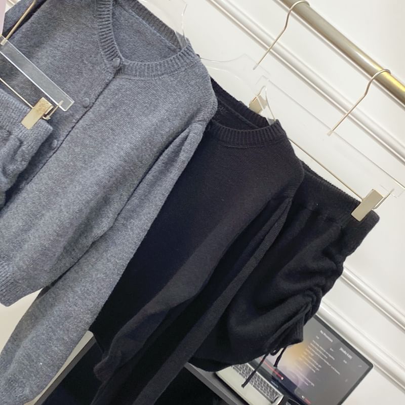 Set: Round Neck Plain Cardigan + High Waist Drawstring Knit Shorts