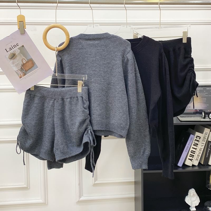 Set: Round Neck Plain Cardigan + High Waist Drawstring Knit Shorts
