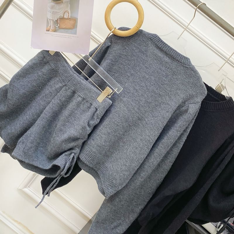 Set: Round Neck Plain Cardigan + High Waist Drawstring Knit Shorts