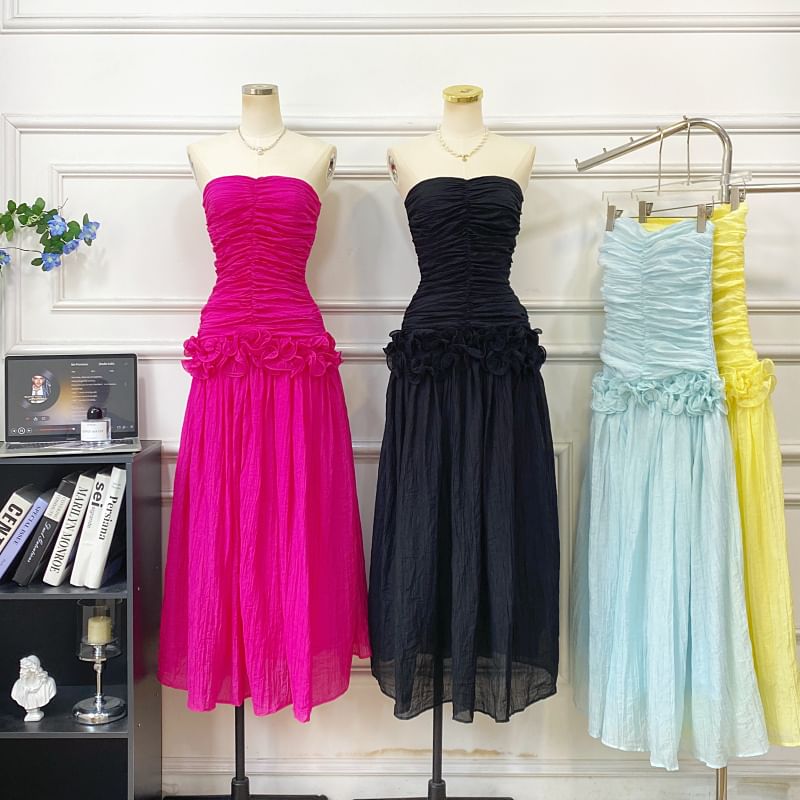 Plain Ruched Ruffle Maxi A-Line Tube Dress