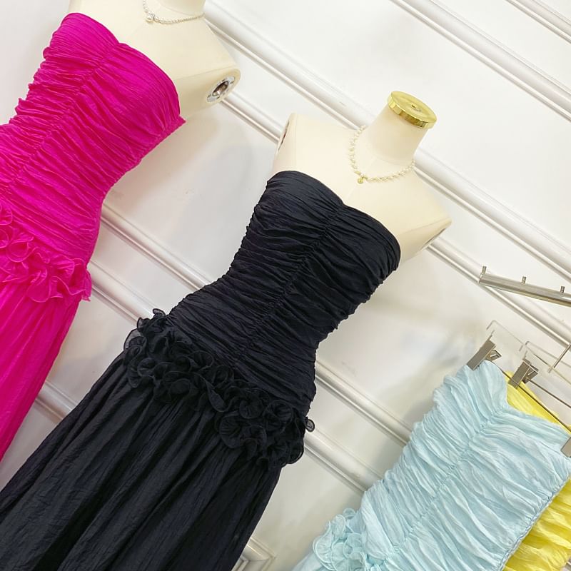 Plain Ruched Ruffle Maxi A-Line Tube Dress