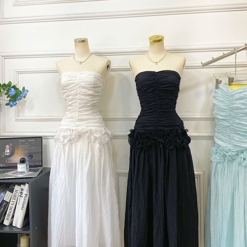 Plain Ruched Ruffle Maxi A-Line Tube Dress