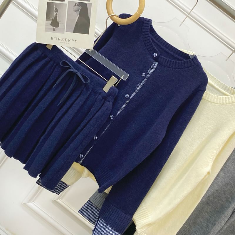 Set: Round Neck Plaid Panel Cardigan + Drawstring Waist Plain Pleated Knit Mini A-Line Skirt