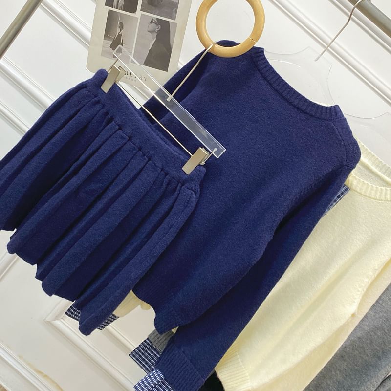 Set: Round Neck Plaid Panel Cardigan + Drawstring Waist Plain Pleated Knit Mini A-Line Skirt