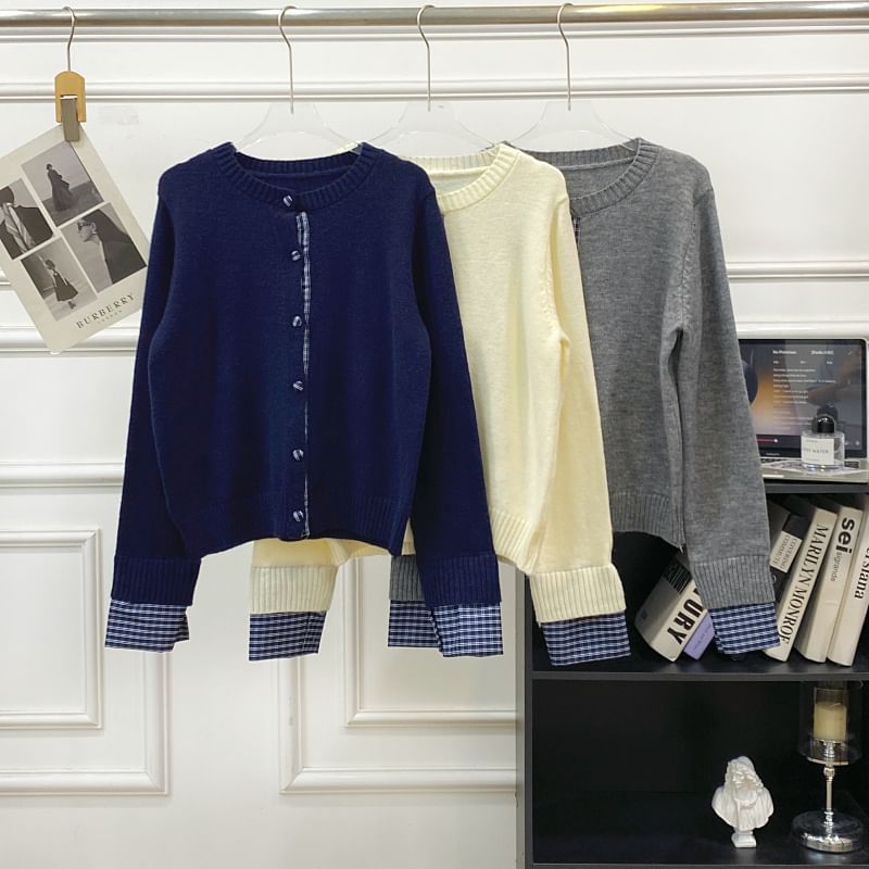 Set: Round Neck Plaid Panel Cardigan + Drawstring Waist Plain Pleated Knit Mini A-Line Skirt